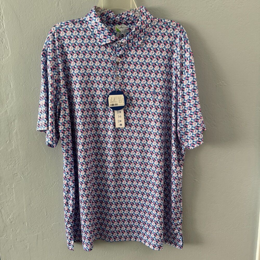 TailorByrd Performance Golf Men's XXL Blue Pastel Geometric Polo Shirt NWT